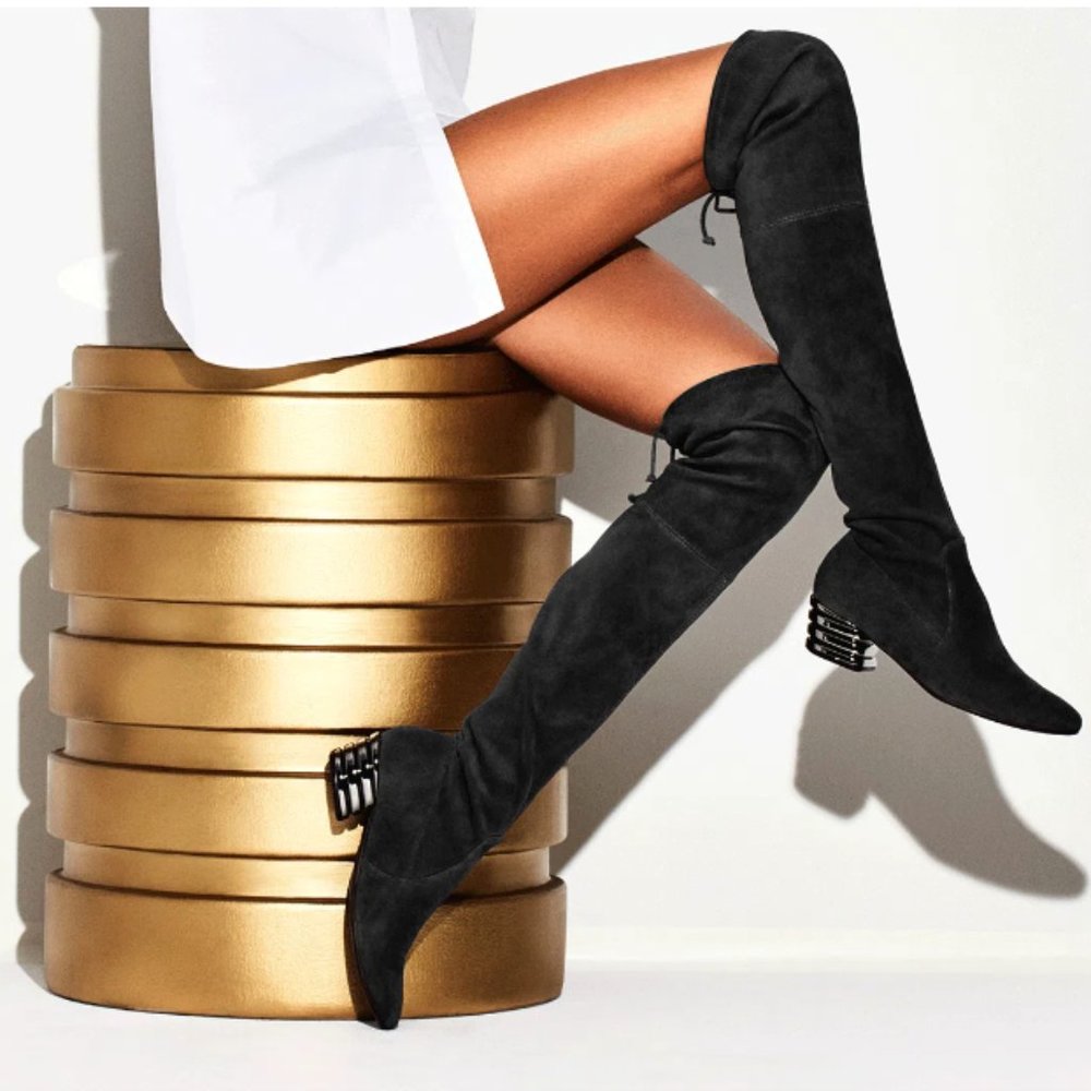 Stuart Weitzman OTK Black Leather tie back boots Vidalia